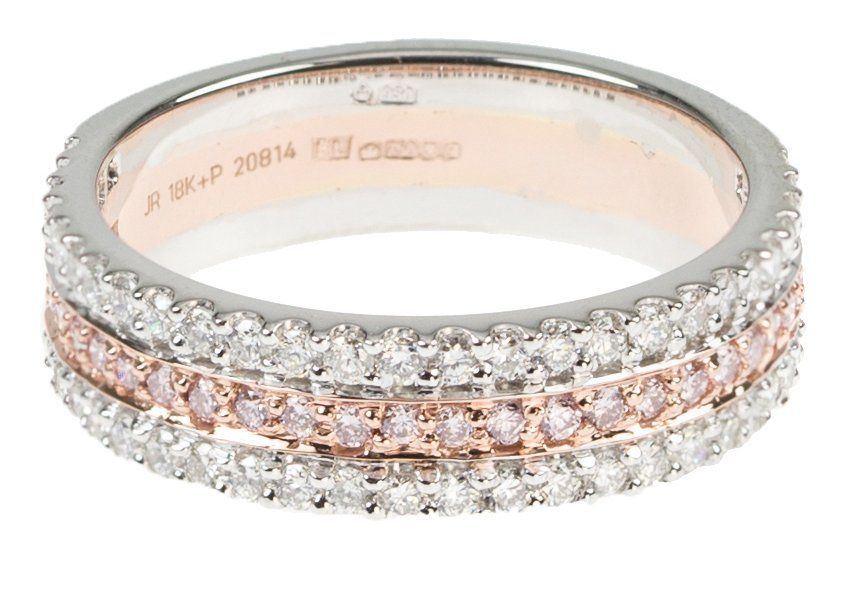 White and pink diamond band in rose and white gold