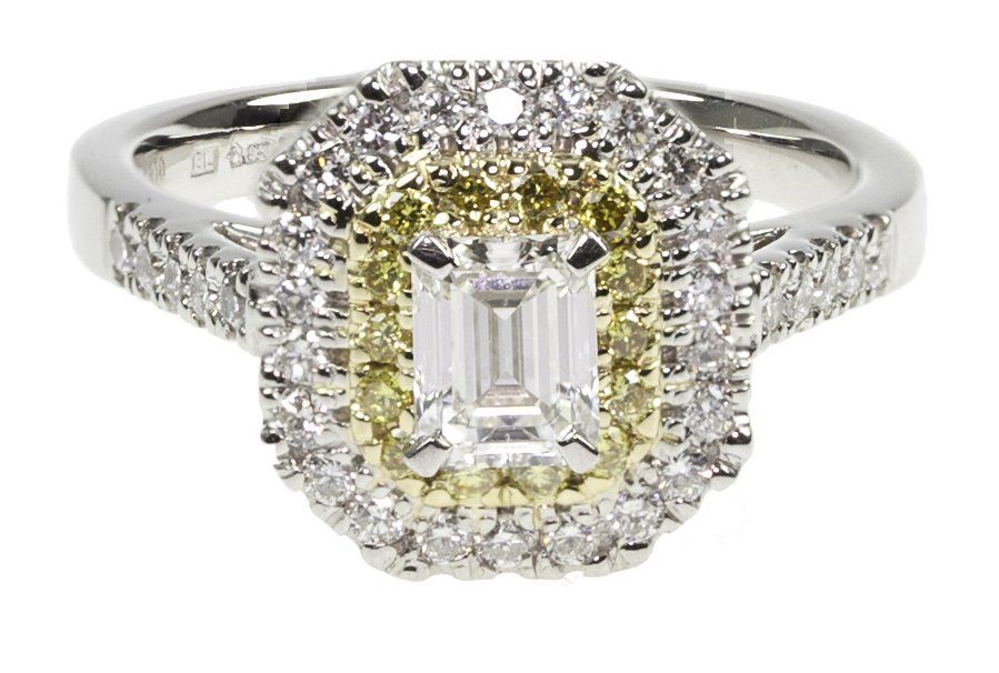 White and yellow diamond ring in two-tone gold