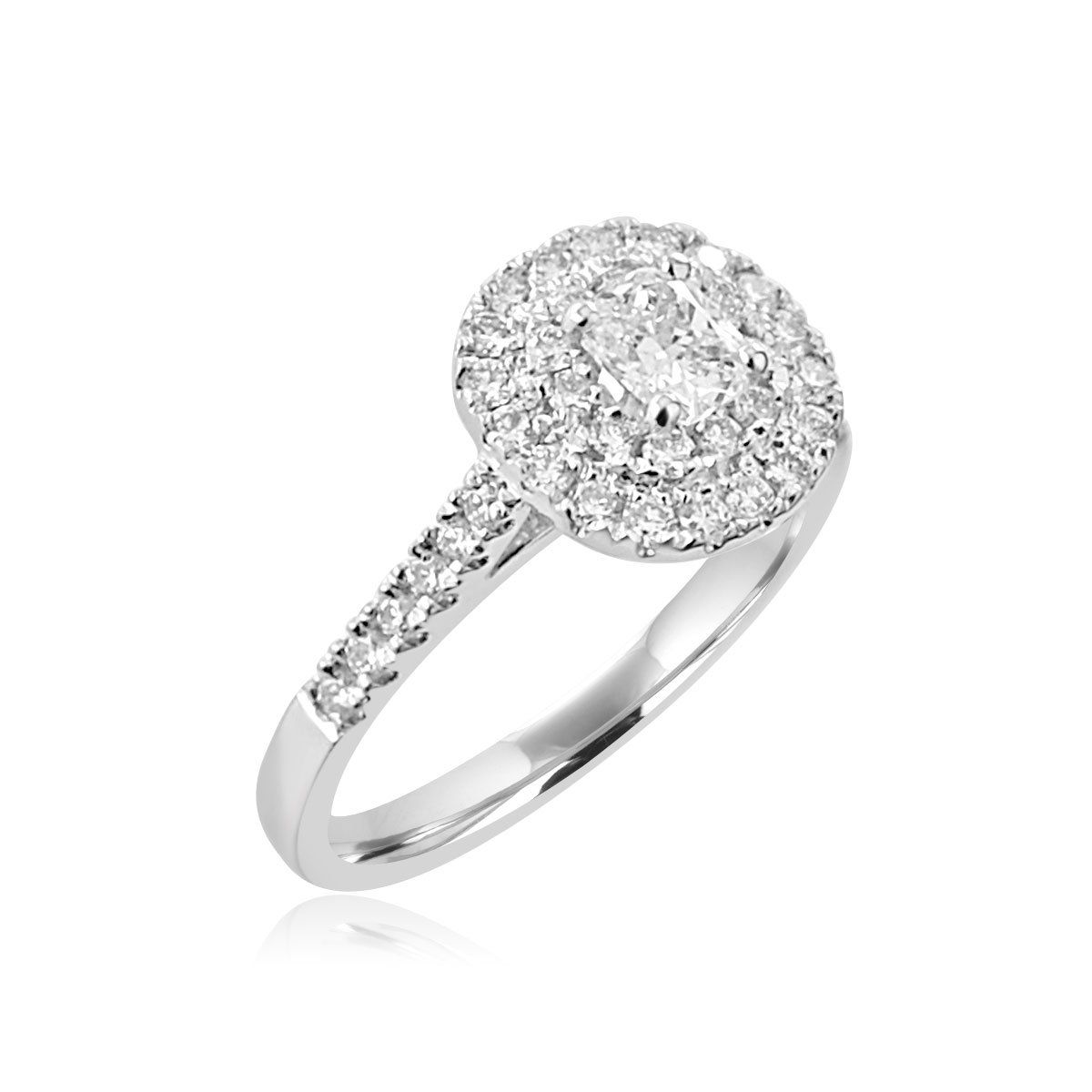 Diamond halo ring with diamond-set shoulders