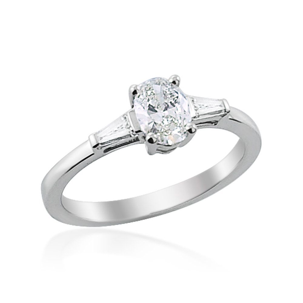 Oval diamond with baguette side stones in platinum