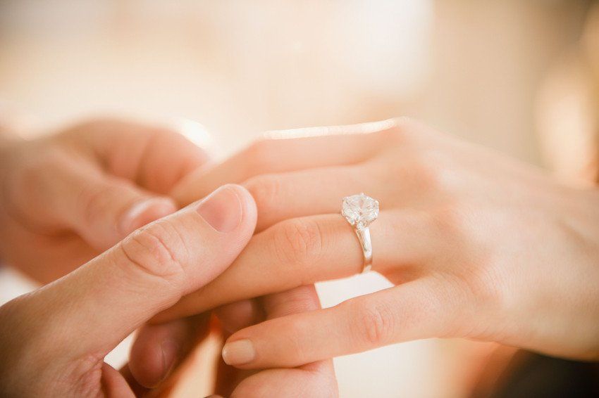 Solitaire engagement ring being admired